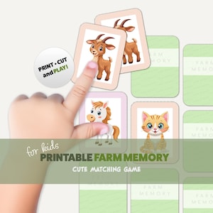 May include: A printable farm memory game for kids featuring illustrations of farm animals. The game includes cards with images of a goat, horse, and cat. The text "PRINT + CUT and PLAY!" is visible on the image.
