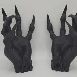 May include: Two black, claw-like hands with long, sharp nails. The hands are posed as if reaching out, with a textured surface and a dark, ominous appearance. The hands are likely decorative or part of a costume.