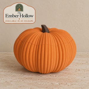 May include: A bright orange pumpkin-shaped container with a dark brown stem. The surface features vertical ridges and a horizontal seam around the middle. A logo in the upper left corner reads The Ember Hollow, with the text AVAILABLE IN 20 COLOURS.