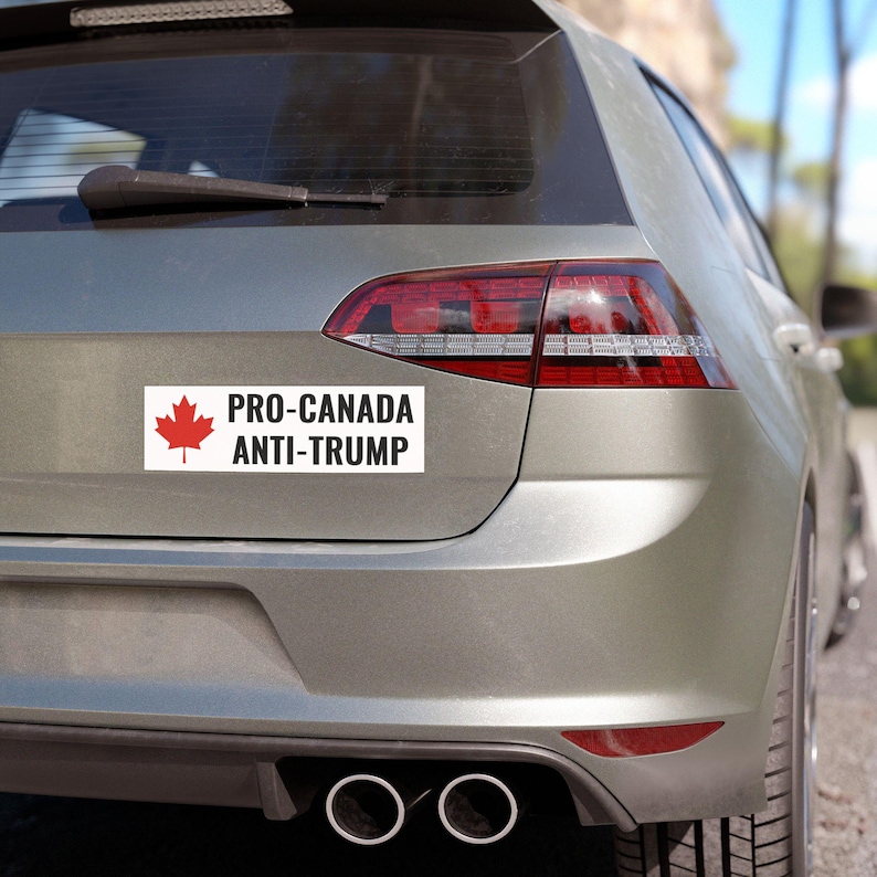 Pro Canada Anti Trump Bumper Sticker Magnet. This is a white car magnet with a red maple leaf and black text saying pro canada anti trump. This is for Americans or Canadians who know Canada is not for sale and are against the Trump Tariffs. Canada will not be the 51st state.