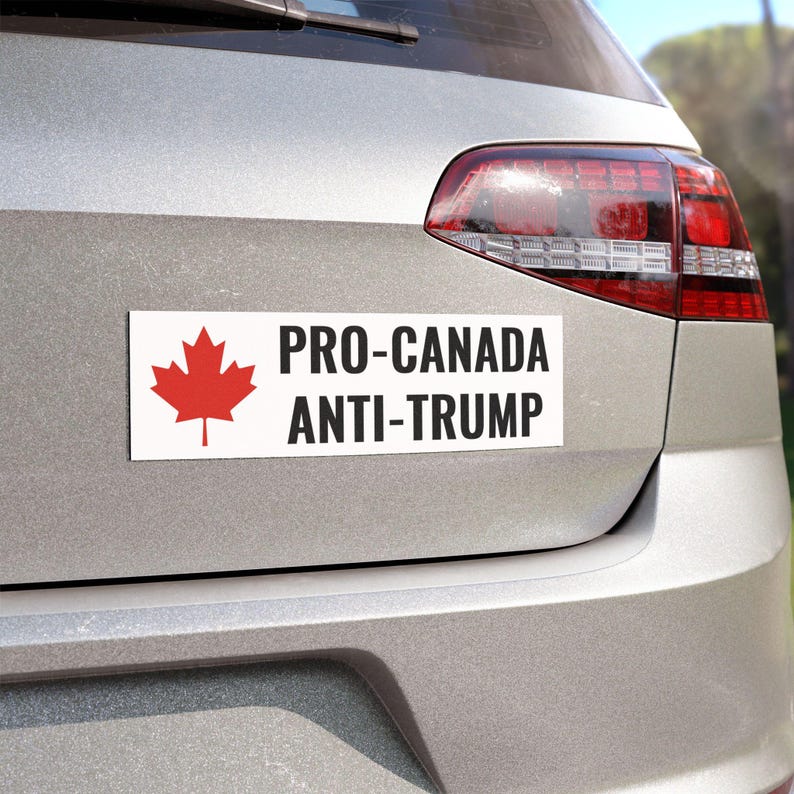 Pro Canada Anti Trump Bumper Sticker Magnet. This is a white car magnet with a red maple leaf and black text saying pro canada anti trump. This is for Americans or Canadians who know Canada is not for sale and are against the Trump Tariffs. Canada will not be the 51st state.