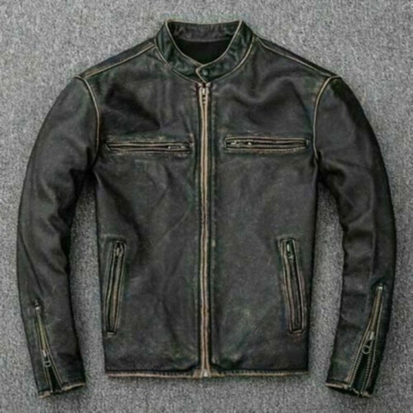 Blouson moto en cuir noir effet vieilli véritable pour homme, noir effet vieilli, veste détachable, cadeau le jour de Pâques