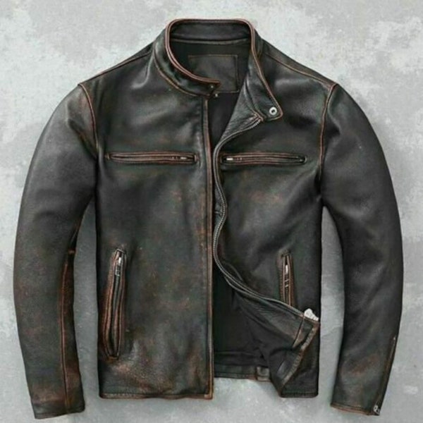 Die handgefertigte Herren-Motorradjacke ist eine Vintage-Jacke im Café-Racer-Stil, ein Muttertagsgeschenk