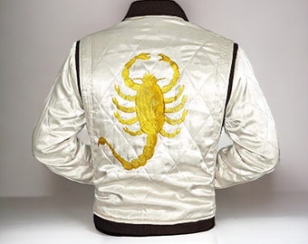 Motorcycle Drive Gosling Scorpion Logo Ivory White Bomber Satin Jacket - Mother,s day gift