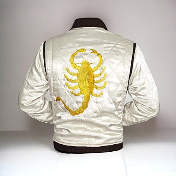 Motorcycle Drive Gosling Scorpion Logo Ivory White Bomber Satin Jacket - Mother,s day gift