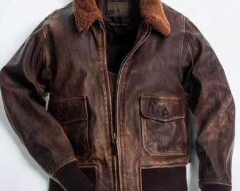 G-1 Force Aviator Flight A-2 Jacket Blouson aviateur en cuir véritable marron effet vieilli, cadeau fête des pères