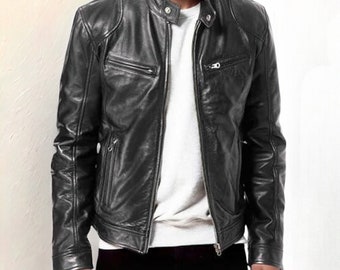 Motorcycle Men's Black Leather Jacket, Best Gift for Husband, Moto Biker Vintage Jacket, Classic Leather Retro Jacket