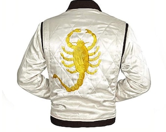 Men gift Motorcycle Drive Gosling Scorpion Logo Ivory White Bomber Satin Jacket - Easter day gift