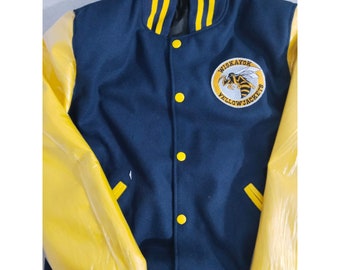 Womens Blue Wool With Yellow Faux Leather Sleeves Jacket, Mother,s day gift
