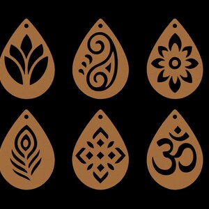 Fichier boucles d’oreilles goutte indienne • 6 motifs lotus, Om, paisley • Fichiers découpe laser instantanés