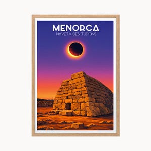 Menorca Travel Poster,  Naveta des Tudons Eclipse Art Print,Mediterranean Wall Decor, Fine Art Giclée Museum‑Quality Illustration