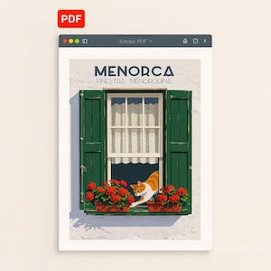Puede incluir: Ilustración digital de una ventana con contraventanas verdes, una cortina blanca y flores rojas en jardineras. Un gato naranja y blanco se asoma por la ventana. La palabra "MENORCA" está en la parte superior de la imagen.
