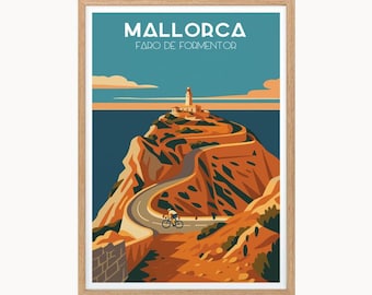 Neo-Vintage-Poster des Leuchtturms von Formentor, Mallorca. Vintage-Druck (Giclée-Druck), ideal als Geschenk für Reisende und Radsportbegeisterte.
