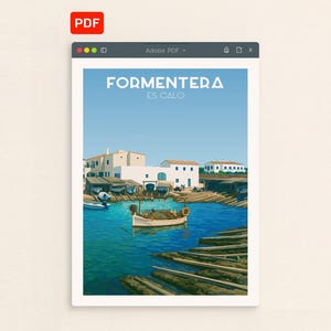Puede incluir: Una impresión de arte digital mostrada en una ventana de visor PDF, que presenta una escena costera de Formentera Es Calo con edificios blancos, varaderos de madera y un pequeño bote sobre agua azul clara bajo un cielo despejado.