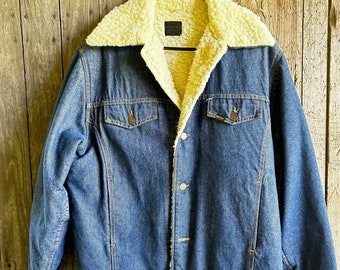 Vintage Sears Roebuck Mens Sherpa Lined Denim Jacket Trucker USA Blue 40R