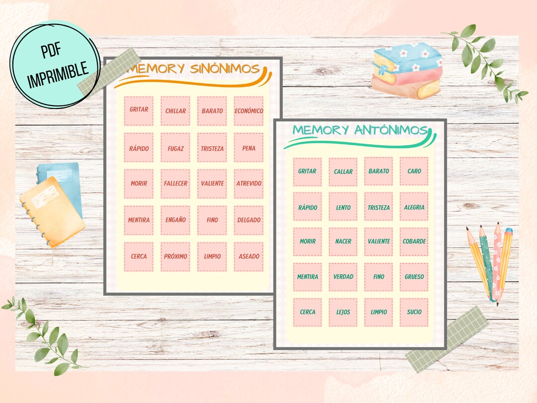 Synonyms and Antonyms Memory Word Game Educational Material Etsy