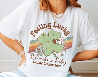 Rainbow Baby announcement shirt, St Patricks day Pregnancy announcement, Pregnancy reveal to family, Baby coming soon tee, spring pregnancy