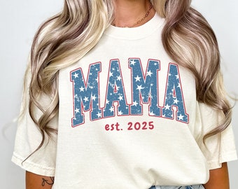 Patriotic Mama shirt, 4th of July pregnancy reveal tee, Patriotic Mama est T-shirt, American Mama tee, Custom 4th of July baby announcement