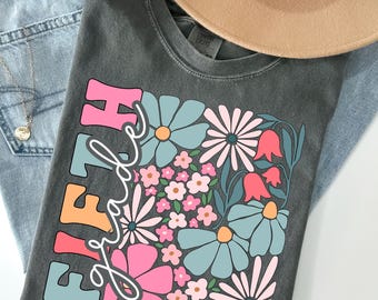 Comfort Colors teacher team shirts, Fifth grade team teacher shirt, Neon Teacher tee, Back to School shirt, Floral teacher 5th Grade shirt