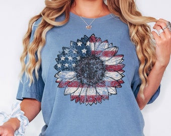 Patriotic sunflower shirt, Floral 4th of July tee, American flag sunflower shirt, 4th of July tee for mom, gift for mom, Sunflower tee