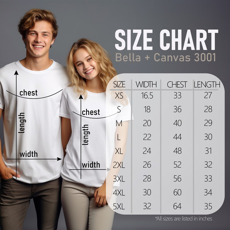 May include: A size chart for Bella + Canvas 3001 t-shirts. The chart lists sizes XS to 5XL, with measurements in inches for width, chest, and length. Two people wearing white t-shirts are shown, with arrows indicating chest, length, and width.