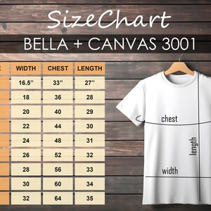 Pu&ograve; includere: Tabella delle taglie per le t-shirt Bella + Canvas 3001, che mostra le misure in pollici per larghezza, petto e lunghezza per le taglie XS a 5XL.