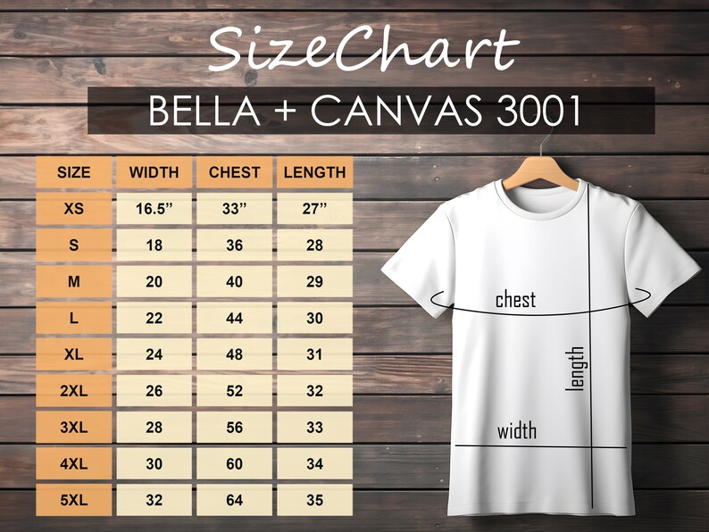 Pu&ograve; includere: Tabella delle taglie per le t-shirt Bella + Canvas 3001, che mostra le misure in pollici per larghezza, petto e lunghezza per le taglie XS a 5XL.