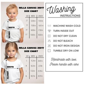 May include: Image features a size chart for Bella Canvas 3001T and 3001Y t-shirts, with measurements in inches. Washing instructions are also included, with symbols indicating care guidelines. A young child and a young girl are shown wearing the t-shirts.