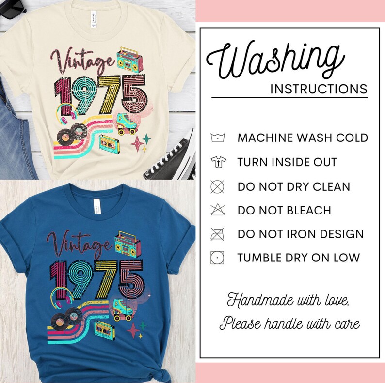 May include: Two t-shirts, one cream and one blue, with a retro "Vintage 1975" design. The design includes a boombox, roller skate, and records. Washing instructions are also shown.