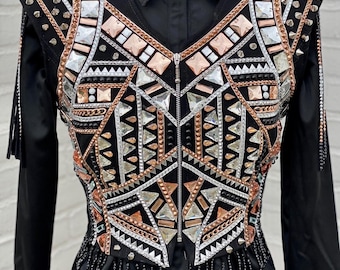 Chaleco de espectáculo de reina del rodeo negro y oro rosa / Conjunto de vaquero de diseñador / Camisa a juego