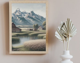 Barn Landscape | Vintage Barn with Mountain Background | Farm Pond | Farmstead Art | Digital Download | 102