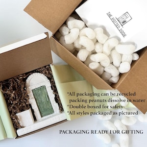 May include: Two open cardboard boxes with a decorative miniature door inside one. The door is white with a green door and is surrounded by packing materials. The other box contains packing peanuts. Text on the packaging reads "THE POTTED DOOR".