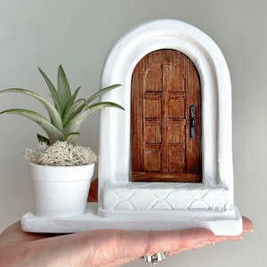 May include: White miniature arched doorway with a brown wooden door and a small white planter with a green air plant and moss.