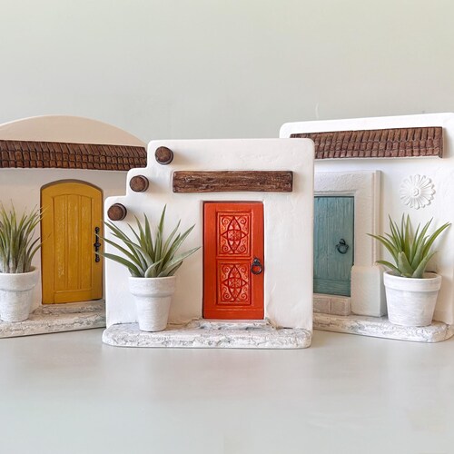 Miniature Adobe Door Air Plant Holder | Whimsical Cement Bookshelf Decor, Travel Lover Gift