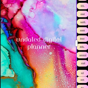 May include: A digital planner with a colorful abstract background. The planner is undated and includes a section for notes. The background features shades of pink, purple, blue, green, and yellow.