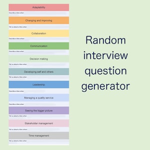 Könnte beinhalten: Grafik mit dem Text "Zufallsgenerator für Vorstellungsgesprächsfragen" in Dunkelblau. Darunter eine Reihe farbiger Rechtecke mit Interviewthemen wie Anpassungsfähigkeit, Kommunikation und Führung.