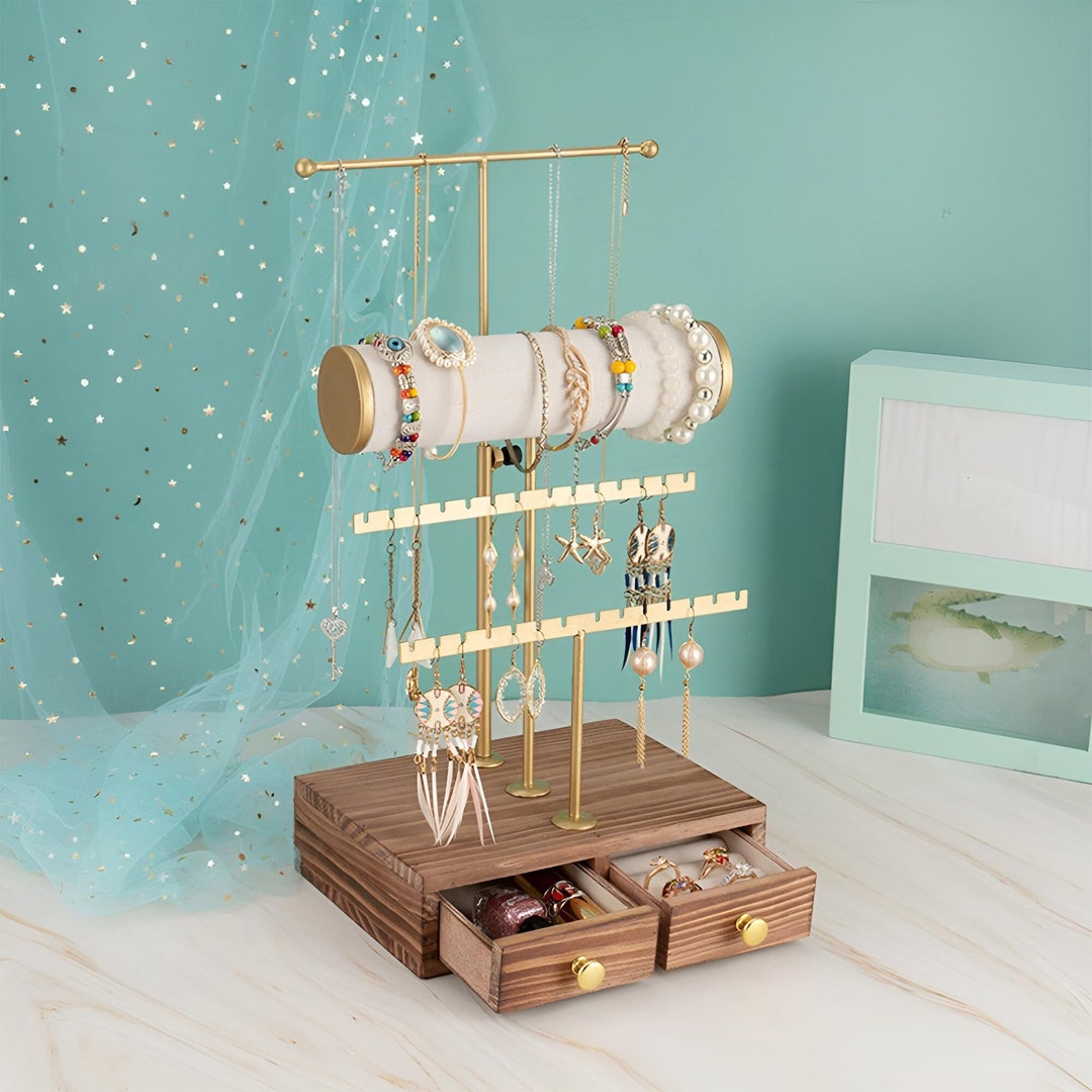 3 Tier Jewelry Stand With Wooden Drawer Jewelry Tree Stand Etsy
