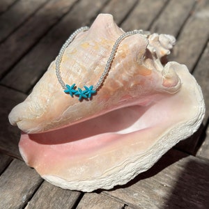 Turquoise Starfish Necklace in Pearls and Stainless Steel - Craft Jewelry