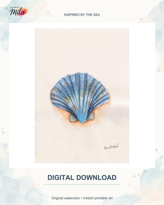 A watercolor painting of a blue scallop shell with ridges, set against a light cream background. The shell features subtle orange shading at its base. The text "COLORS BY Mila" appears at the top, and "DIGITAL DOWNLOAD" at the bottom.