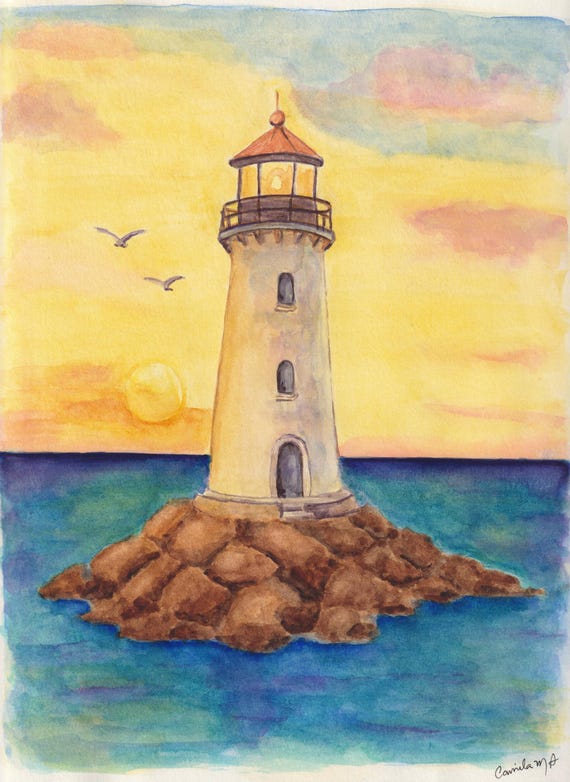 Lighthouse Wall Art Printable, Sunset Watercolor, Digital Download image 1