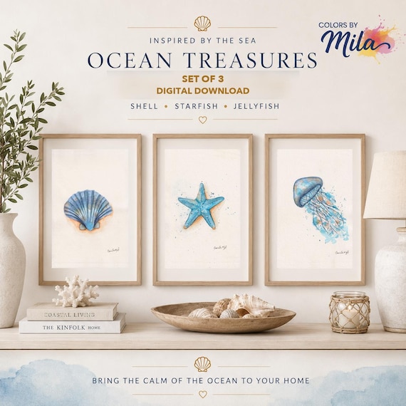 A set of three digital download art prints titled Ocean Treasures, featuring watercolor illustrations of a blue seashell, a blue starfish, and a blue jellyfish in light wood frames, with text including Colors by Mila and Set of 3.