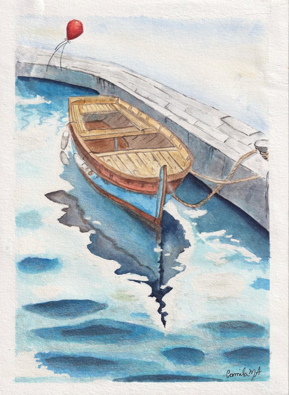 A watercolor painting of a small wooden rowboat moored to a stone pier. The boat has a blue hull and brown interior. A single red balloon floats in the air above the pier. The water is blue with reflections, and the artist signature Camila MA is in the corner.