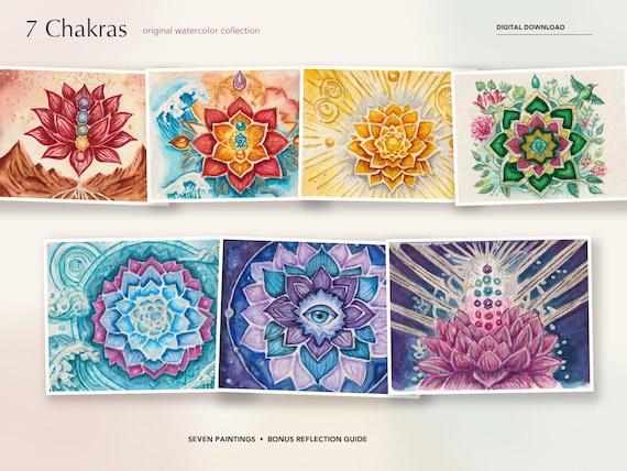A collection of seven watercolor paintings titled 7 Chakras original watercolor collection and Digital Download. The artwork features vibrant floral and geometric mandala designs in red, orange, yellow, green, blue, indigo, and violet hues.