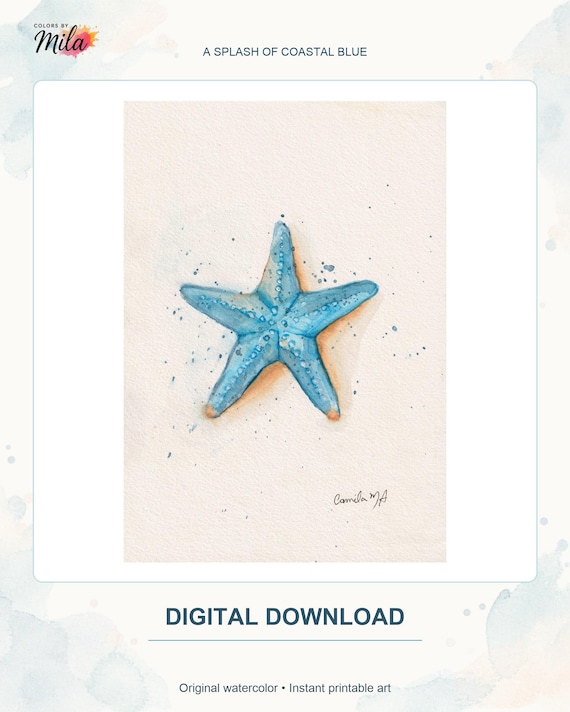 A watercolor painting of a bright blue starfish centered on a textured off-white background. The starfish features small blue paint splatters around it and a signature in the bottom right corner that reads Camila MA.
