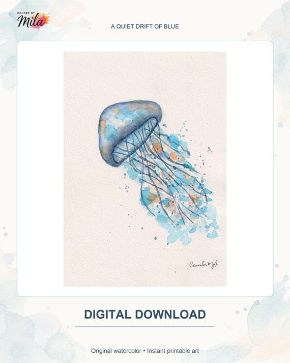 A watercolor painting of a jellyfish in shades of blue and soft orange on a cream background. The jellyfish has a rounded bell and long, flowing tentacles with paint splatters. The text A QUIET DRIFT OF BLUE is at the top.