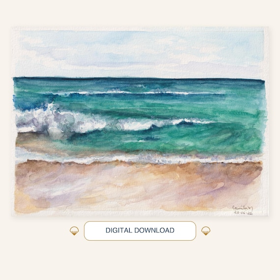 A watercolor painting of a beach scene featuring a sandy shore in the foreground, turquoise ocean waves with white foam in the middle, and a pale blue sky above. The bottom right corner contains the signature Camila and 22-06-22.