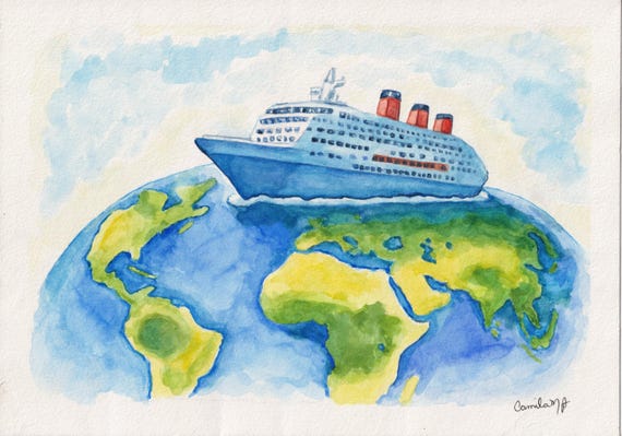 Watercolor painting of a blue cruise ship sailing over a globe. The globe is blue and green, with continents visible. The ship has red and white smokestacks, and the sky is light blue.