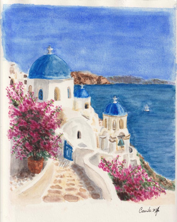 A watercolor painting of a coastal Greek village featuring white buildings with vibrant blue domes, a stone pathway, and bright pink bougainvillea flowers. The scene overlooks a deep blue sea with a small sailboat in the distance.