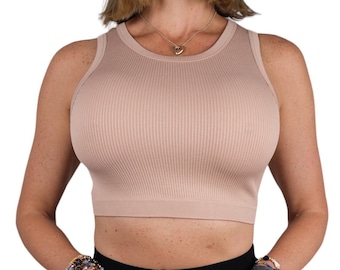 Seamless Ribbed Crop Top, Round Neck Stretch Tank, Sport Bra