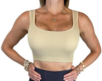 Seamless Square Neck Crop Top, Nylon Spandex Yoga Activewear